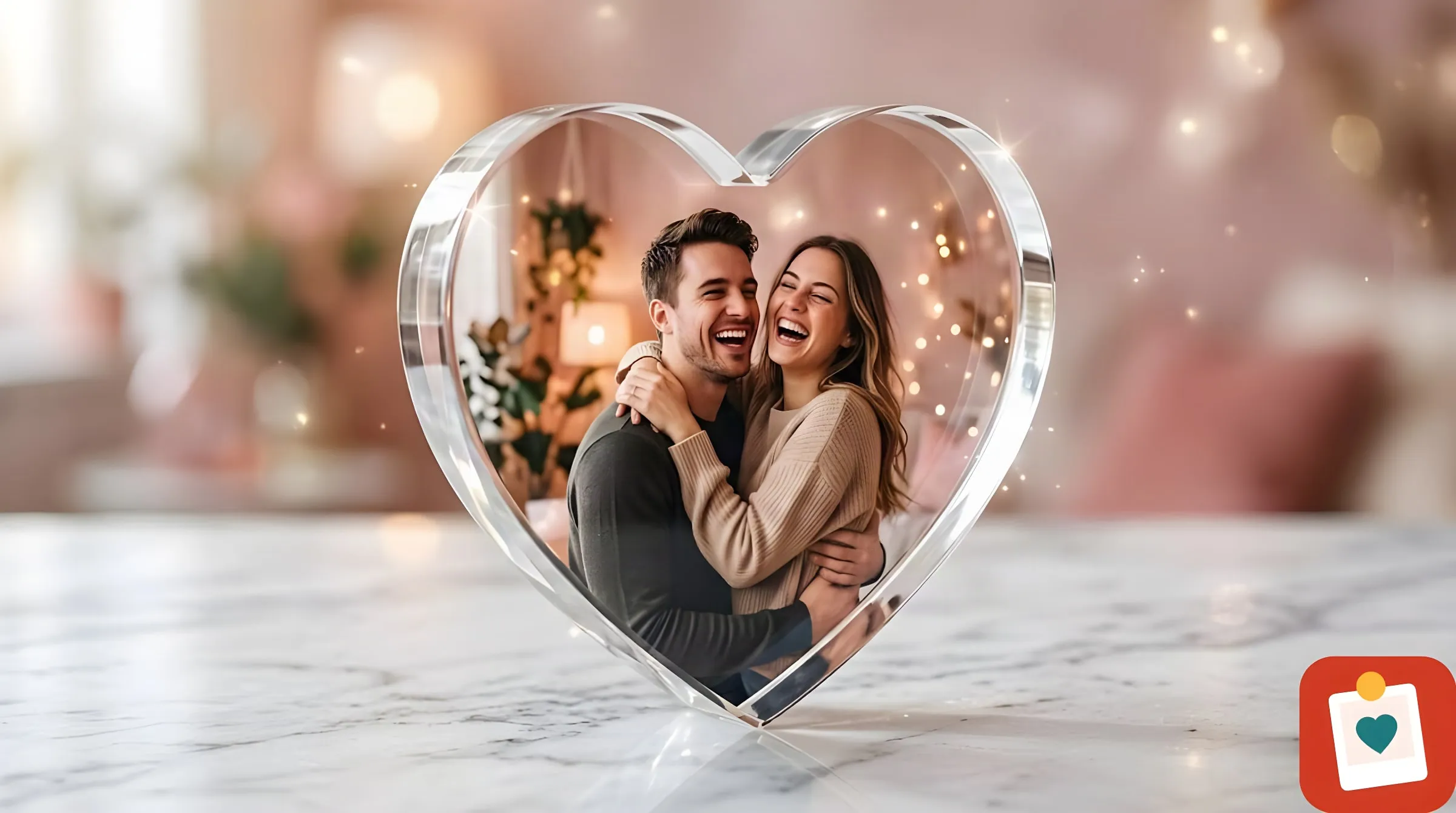 לב אקריליק במראה קריסטל 15 על 15 סֶנְטִימֶטֶר - תמונה בתוך בלוק אקריליק במראה קריסטל