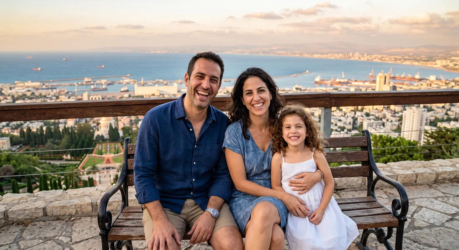 התמונה המקורית: משפחה על ספסל על רקע מפרץ חיפה