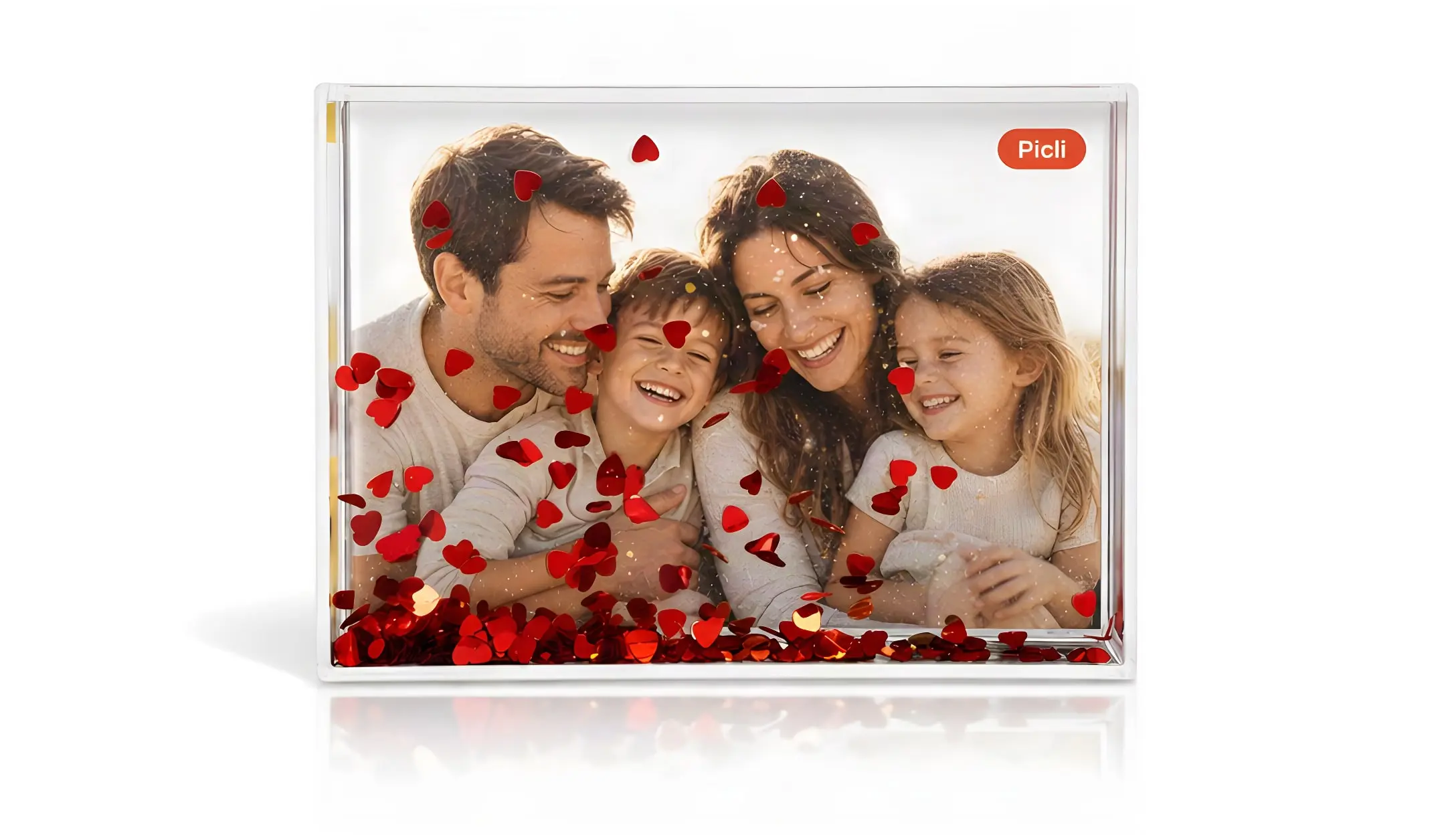 מסגרת שלג מנצנצת לבבות אדומים 10 על 15 סֶנְטִימֶטֶר - תמונה מודפסת במסגרת לעמידה על מדף