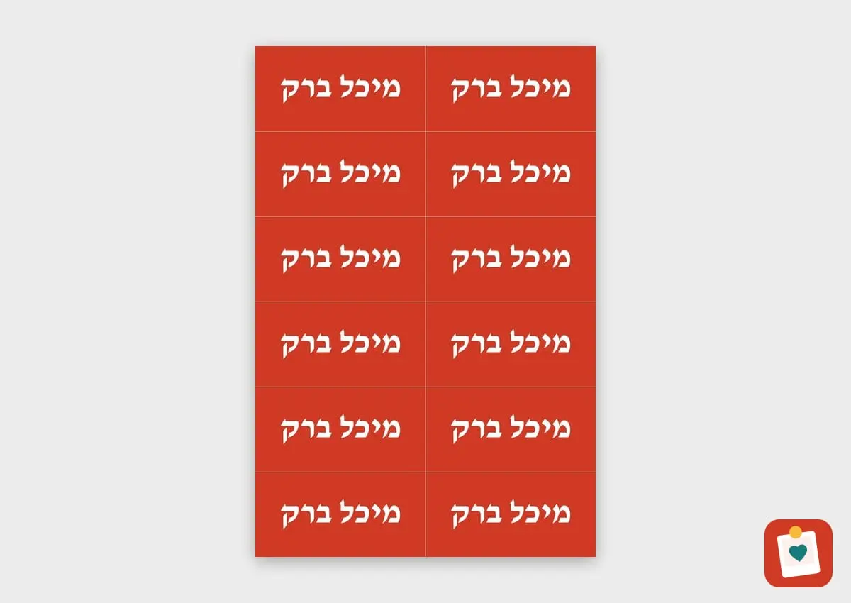גיליון 12 מדבקות שם גדולות 5 על 2.5 סֶנְטִימֶטֶר - מדבקת שם עמידה למדיח לגן ולבית הספר