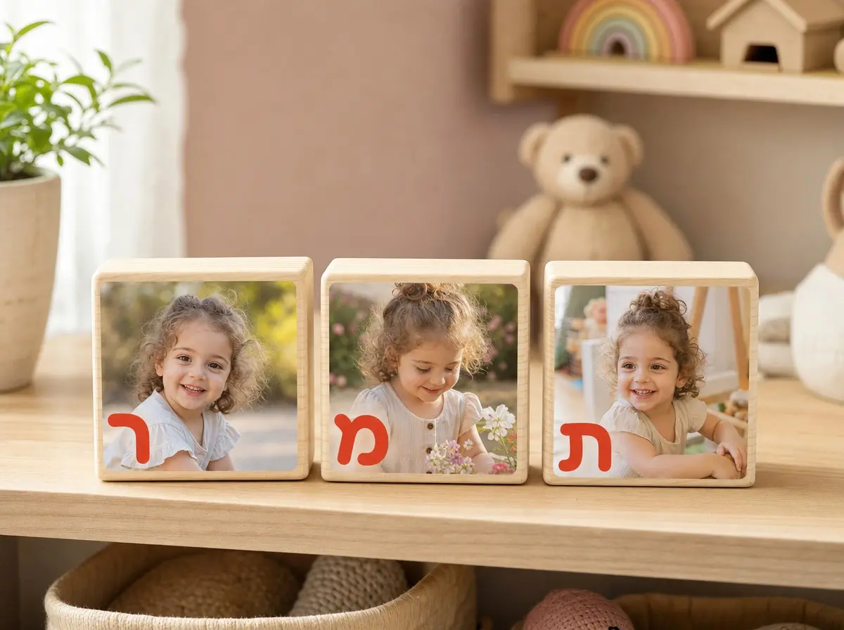 שלט שם לחדר ילדים על בלוק עץ 10 על 10 סֶנְטִימֶטֶר - שלט שם לחדר ילדים מבלוקים עם תמונה