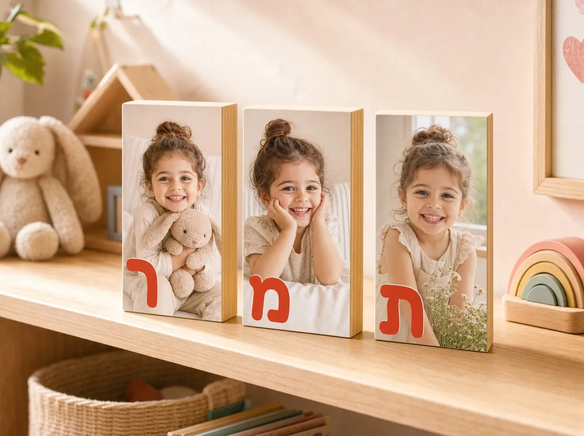 שלט שם לחדר ילדים על בלוק עץ 10 על 15 סֶנְטִימֶטֶר - שלט שם לחדר ילדים מבלוקים עם תמונה - זווית נוספת