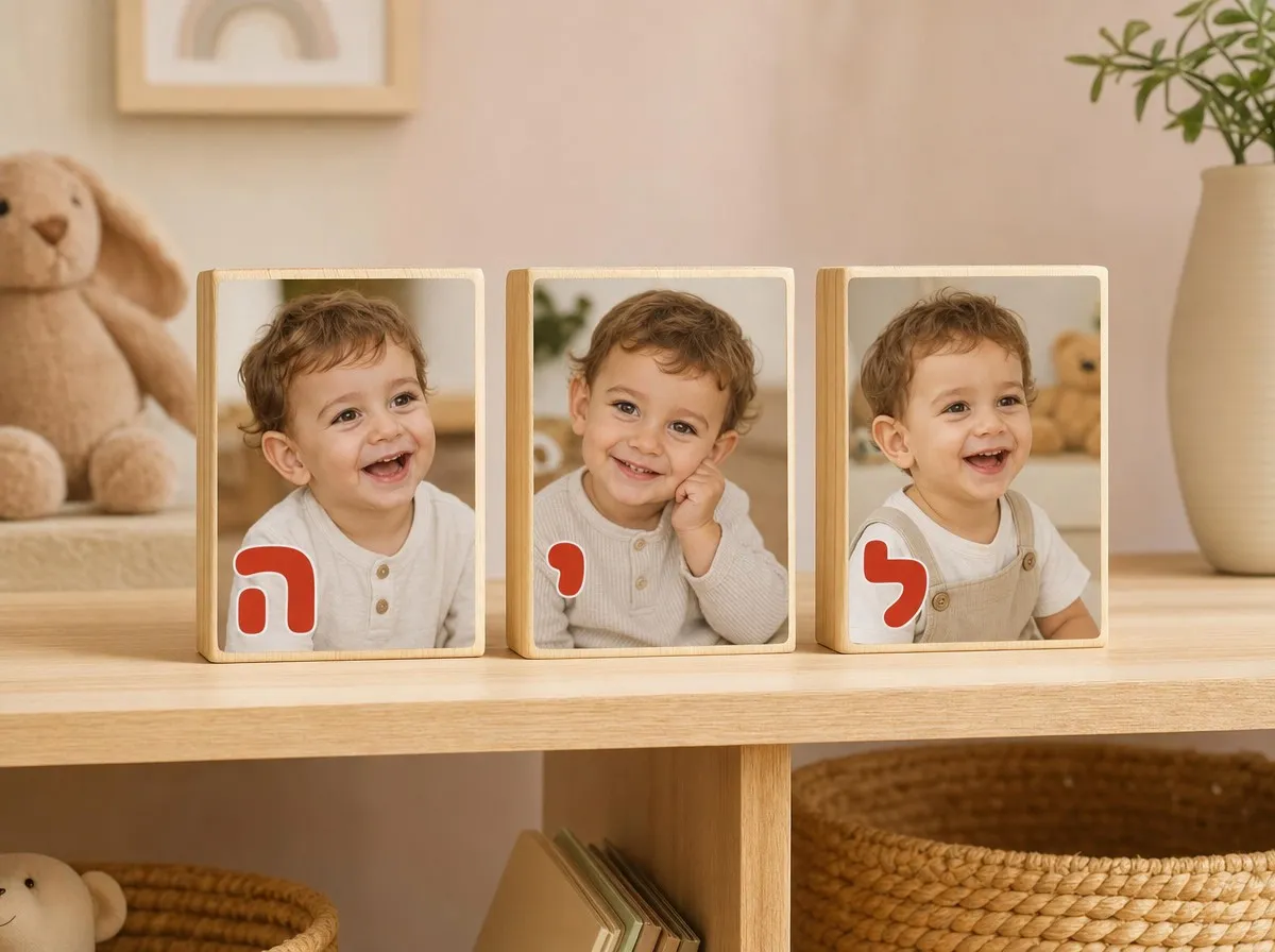 שלט שם לחדר ילדים על בלוק עץ 10 על 15 סֶנְטִימֶטֶר - שלט שם לחדר ילדים מבלוקים עם תמונה - זווית נוספת